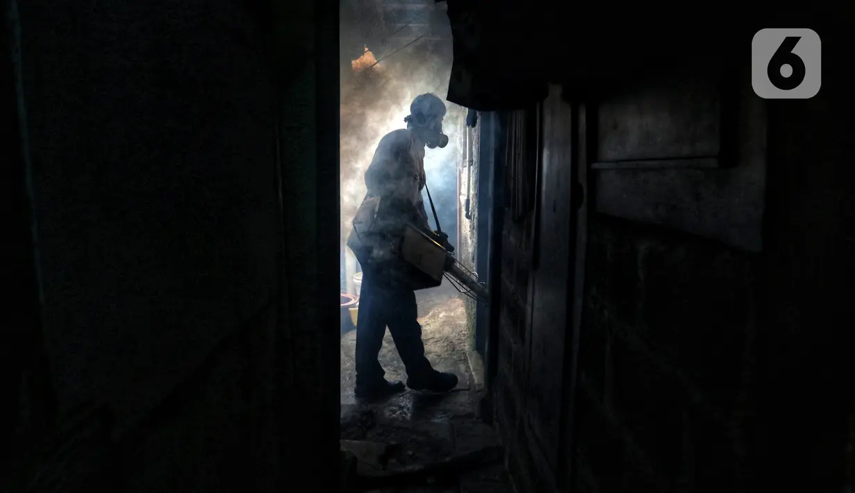 Petugas melakukan pengasapan atau fogging untuk membasmi nyamuk demam berdarah dengue (DBD) di kawasan Kebayoran Lama, Jakarta Selatan, Kamis (14/11/2019). Fogging dilakukan untuk mengantisipasi perkembangbiakan nyamuk DBD. (Liputan6.com/JohanTallo)
