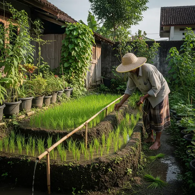 Petani Padi dengan Lahan Sempit di Pekarangan Rumah (Gemini AI)