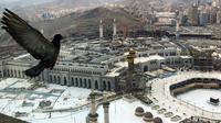 Seekor merpati terbang di atas dekat Masjidil Haram yang kosong karena prosedur pencegahan coronavirus, pada hari pertama haji tahunan yang di kota suci Muslim Mekah, Arab Saudi, Rabu, (29/7/2020). (AP Photo)
