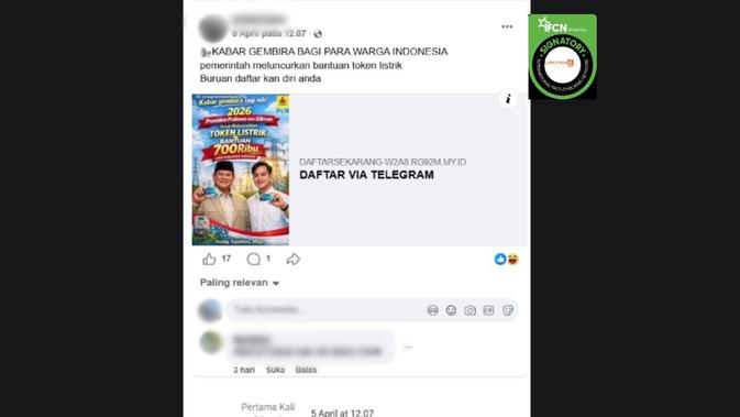 Cek Fakta: Tidak Benar Link Pendaftaran Bantuan Token Listrik Rp 700 Ribu dari Prabowo-Gibran