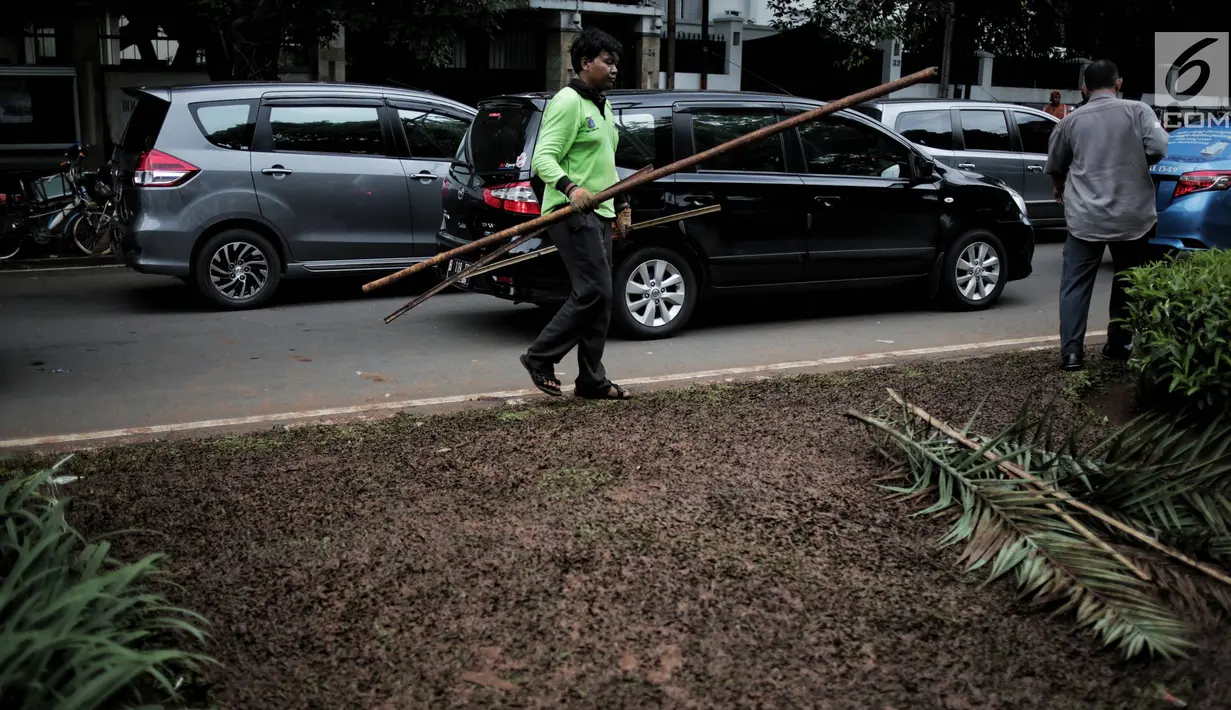 Petugas pertamanan membawa bambu usai unjuk rasa massa Partai Hanura di depan Gedung KPU, Jakarta, Senin (21/1). Tanaman dan rumput di sekitar Gedung KPU rusak akibat terinjak-injak pengunjuk rasa. (Liputan6.com/Faizal Fanani)
