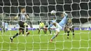 Pemain Manchester City Ferran Torres mencetak gol ke gawang Newcastle United pada pertandingan Liga Inggris di Stadion St James' Park, Newcastle, Inggris, Jumat (14/5/2021). Hattrick Ferran Torres membawa Manchester City menang 4-3. (Peter Powell/Pool via AP)