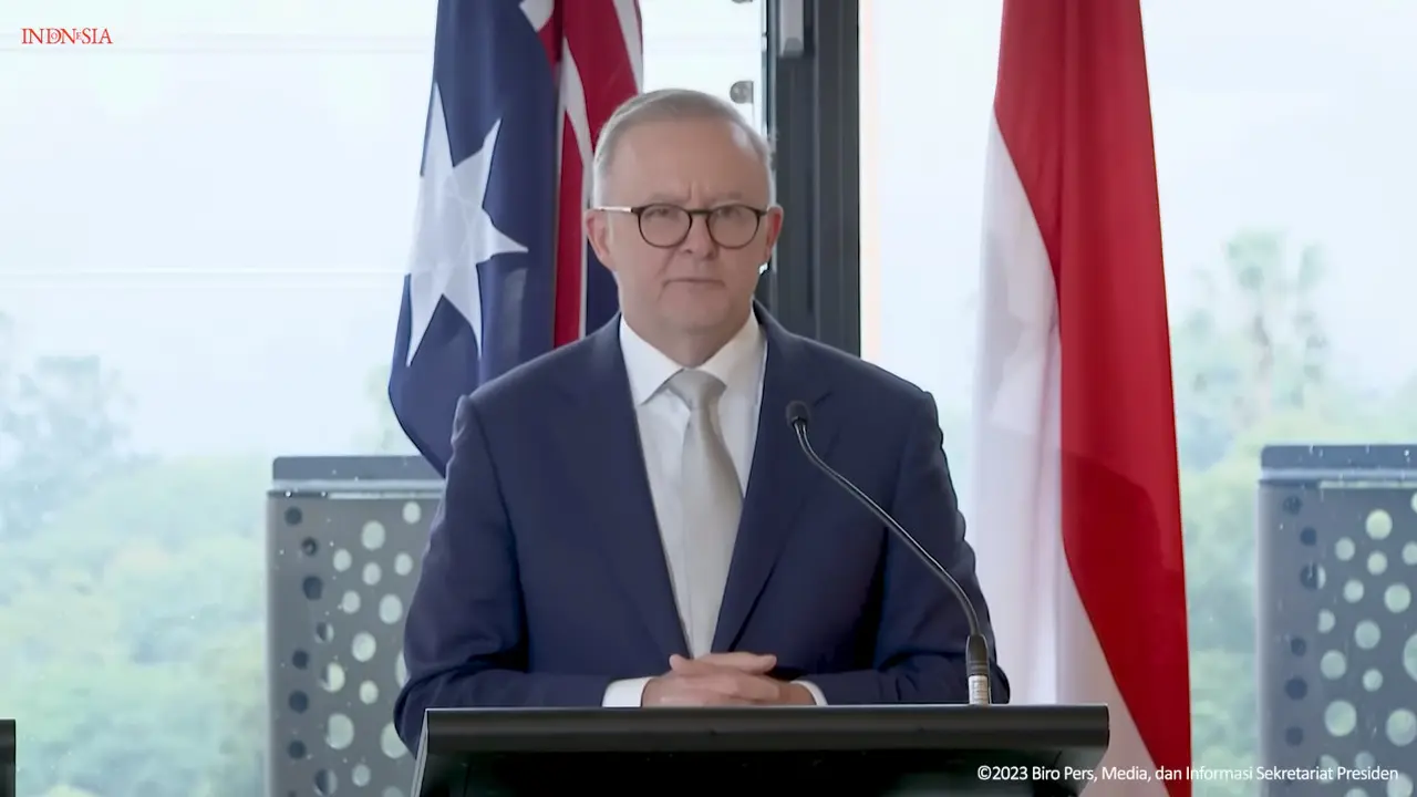 PM Australia Anthony Albanese saat memberikan keterangan pers bersama Presiden RI Joko Widodo.