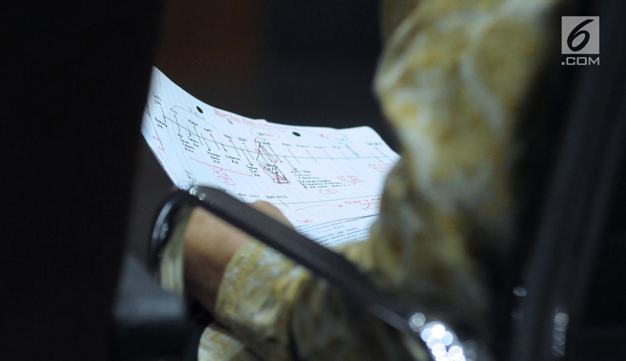 Catatan yang dibawan terdakwa dugaan korupsi proyek e-KTP, Setya Novanto saat memberi kesaksian pada sidang lanjutan di Pengadilan Tipikor, Jakarta, Kamis (22/3). Sidang mendengar kesaksian terdakwa. (Liputan6.com/Helmi Fithriansyah)
