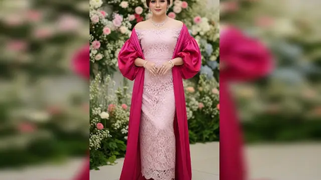 Long Dress Brokat Pink Muda Model Off-Shoulder + Outer Satin Fuchsia