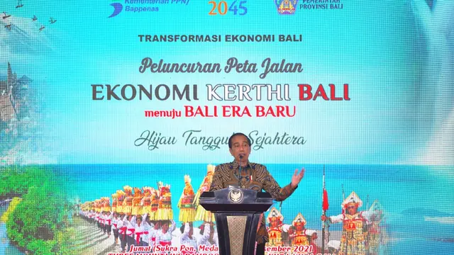 Presiden Jokowi memberikan sambutan dalam peluncuran Peta Jalan Ekonomi Kerthi Bali Menuju Bali Era Baru. (Dok. Kementerian BPN/Bappenas)