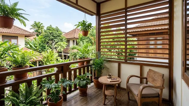 Desain balkon rumah yang berhadapan dengan tetangga namun tetap nyaman dan punya pemandangan indah model balkon dengan kisi-kisi kayu