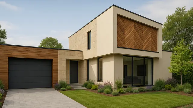 Desain Rumah L-Shape dengan Garasi dan Taman Depan