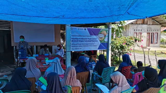 Politeknik ATI Padang beri pelatihan pembuatan VCO di Pesisir Selatan. (Liputan6.com/ Novia Harlina)