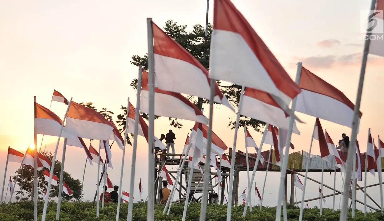 Wisatawan berfoto-foto di antara ribuan bendera Merah Putih di perkebunan teh Kemuning, Karanganyar, Jawa Tengah, Sabtu (25/8). 1.970 bendera Merah Putih dikibarkan masyarakat setempat menyemarakkan HUT ke-73 RI. (Merdeka.com/Iqbal S. Nugroho)