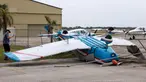 Sebuah pesawat terbang terbalik di Bandara Kota Venice setelah Badai Milton melewati area tersebut pada 11 Oktober 2024, di Venice, Florida. (Joe Raedle/Getty Images North America/Getty Images via AFP)