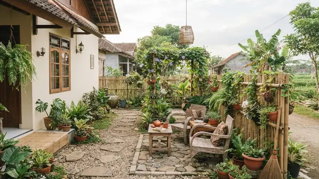 Desain rumah kampung dengan taman kecil di samping yang jadi definisi hunian slow living model taman samping dengan ruang duduk