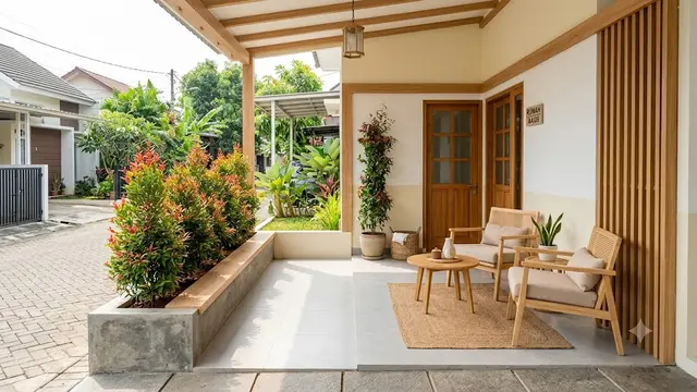 Ide Teras Rumah Tipe 36 dengan Pucuk Merah Tanpa Terlihat Sempit/AI Gemini