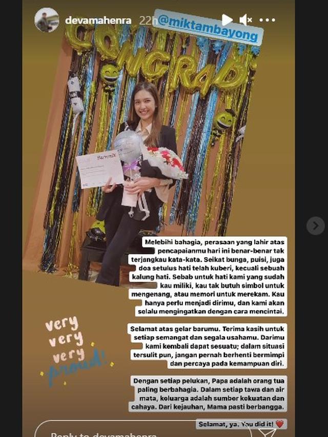 Ucapan selamat Deva Mahenra atas kelulusan Mikha Tambayong dari program studi S2 (Instagram Stories)