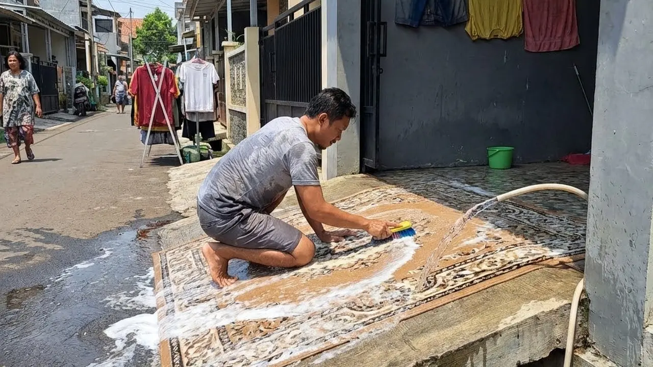 Mencuci karpet di depan rumah (Gemini AI)