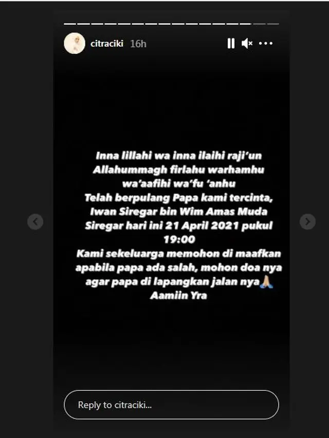 Ayah Citra Kirana Meningal Dunia