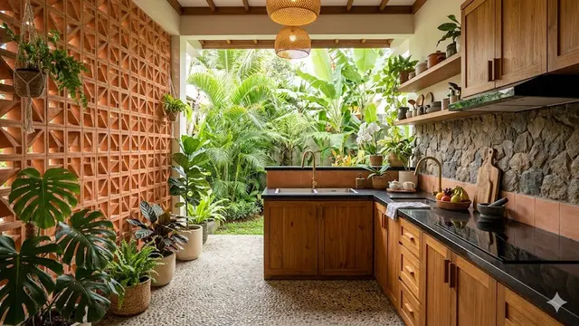 Desain Dapur Bergaya Tropis Modern Kombinasi Roster dan Batu Alam