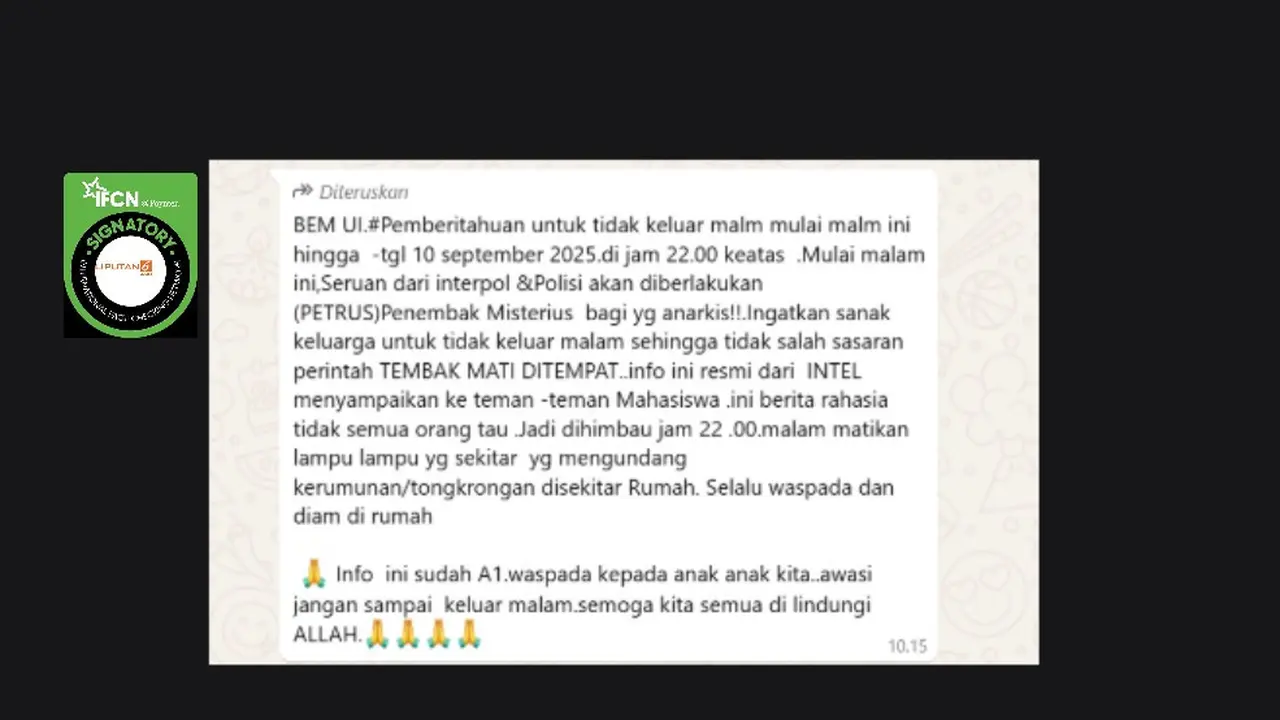 Tangkapan layar klaim pemberitahuan yang meminta mahasiwa jangan keluar malam karena pemberlakuan petrus.