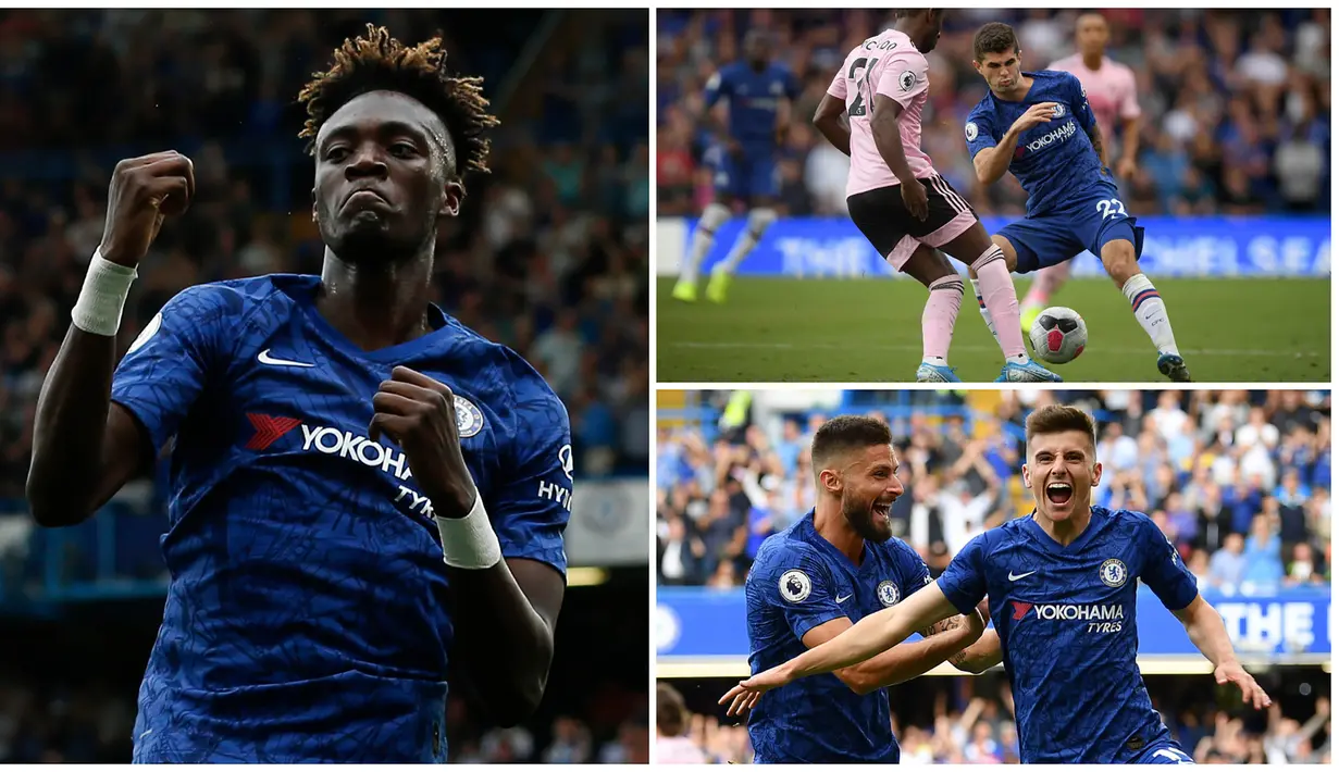 Larangan belanja pemain kepada Chelsea memberikan dampak positif bagi para wonderkid karena mereka memiliki kesempatan untuk sering dimainkan oleh Frank Lampard. Berikut ini Tammy Abraham dan tujuh young guns yang menghiasi skuad Chelsea. (Kolase Foto dari AFP)