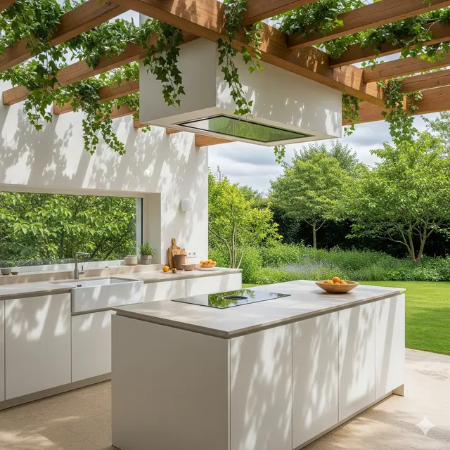 Inspirasi Desain Dapur Terbuka Menyatu dengan Taman Belakang. Gemini