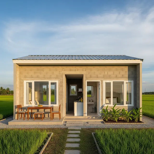 Model Rumah Minimalis di Desa Pinggir Sawah (Image by Gemini AI)