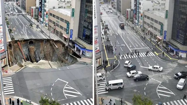 Sinkhole Jepang yang sudah diperbaiki (kanan). (The Guardian)