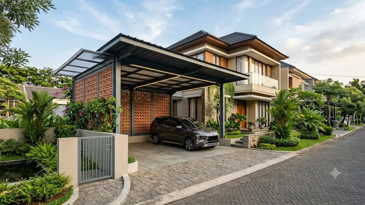 Desain Carport dengan Roster dan Kanopi Baja Ringan (AI Generated)