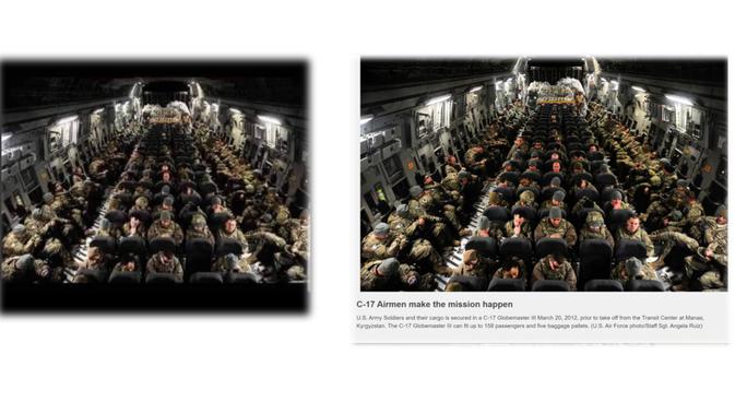 Klaim netizen (kiri) dan foto yang ditemukan di situs US Air Force’s (kanan)