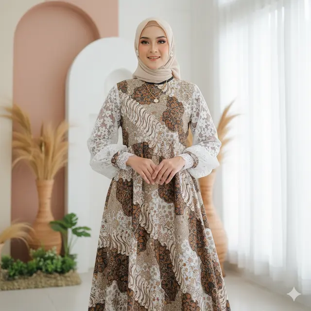 Model Gamis Batik Campur Brokat (Foto: Gemini AI)