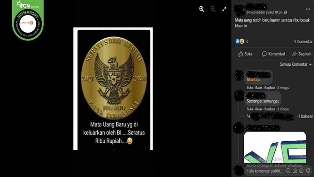 Gambar Tangkapan Layar Kabar Hoaks BI Keluarkan Uang Logam Baru Pecahan Rp 100 Ribu (sumber: Facebook).