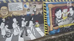Mural Capres Joko Widodo dan Prabowo Subianto terlihat di Jalan Juanda, Depok, Jawa Barat, Rabu (21/11). Mural tersebut memiliki pesan agar masyarakat tetap damai dan berteman meski berbeda memilih capres di Pilpres 2019. (Liputan6.com/Herman Zakharia)