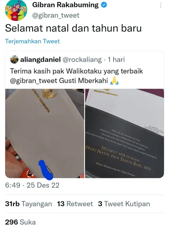 Unggahan Gibran Rakabuming. (Foto: Dok. Twitter @gibran_tweet)