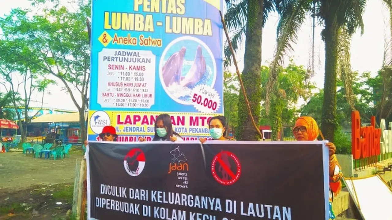 Pecinta satwa berunjuk rasa mengecam pentas lumba-lumba di Pekanbaru