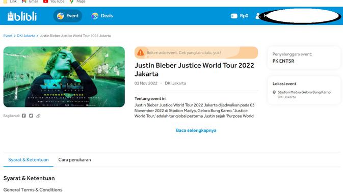 Tiket konser Justin Bieber di Blibli.com (Foto: Screenshot)