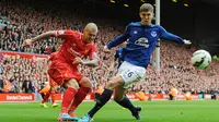 Pemain Everton, John Stones berusaha mengamankan bola dari pemain Liverpool, Martin Skrtel pada pertandingan Liga Inggris di Anfield, Inggris, Sabtu (27/11/2014). (EPA/Peter Powell)