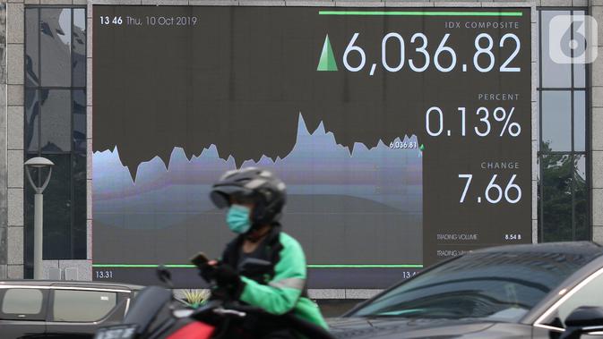 Pengendara sepeda motor melintas dekat layar pergerakan Indeks Harga Saham Gabungan (IHSG) di Jakarta, Kamis (10/10/2019). IHSG ditutup melemah 0,09 persen atau 5,52 poin ke level 6.023,64 dari penutupan perdagangan sebelumnya. (Liputan6.com/Angga Yuniar)