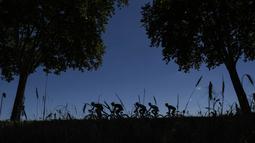 Sliuet aksi pebalap Tour de France melintasi pepohonan rindang pada etape ke-14 dengan jarak tempuh 181,5 km antara Blagnac and Rodez, (15/7/2017). (AFP/Jeff Pachoud)