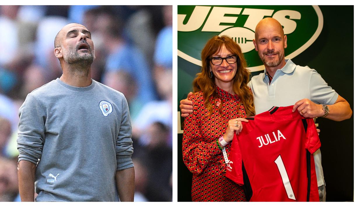 Aktris Hollywood, Julia Roberts kedapatan mengunjungi skuad Manchester United saat tur pramusim mereka di Amerika Serikat. Ia terlihat mendapatkan jersey kandang baru MU yang bertuliskan namanya. Selain itu, Julia juga berfoto bersama pelatih Erik ten Hag serta beberapa pemain, seperti Casemiro hingga Marcus Rashford. Seperti diketahui, pemeran Vivian Ward dalam film Pretty Woman tersebut merupakan salah satu idola dari pelatih Manchester City, Pep Guardiola. Hal itu sempat diungkapkan oleh Guardiola pada 2016 setelah The Cityzens gagal menjuarai Liga Champions. Tak berhenti di situ, pelatih berkebangsaan Spanyol tersebut juga sempat dibuat patah hati setelah idolanya lebih memilih mengunjungi Manchester United ketimbang timnya di tahun yang sama. (Foto Kolase: AFP/Oli Scarff dan Twitter/@ManUtd)