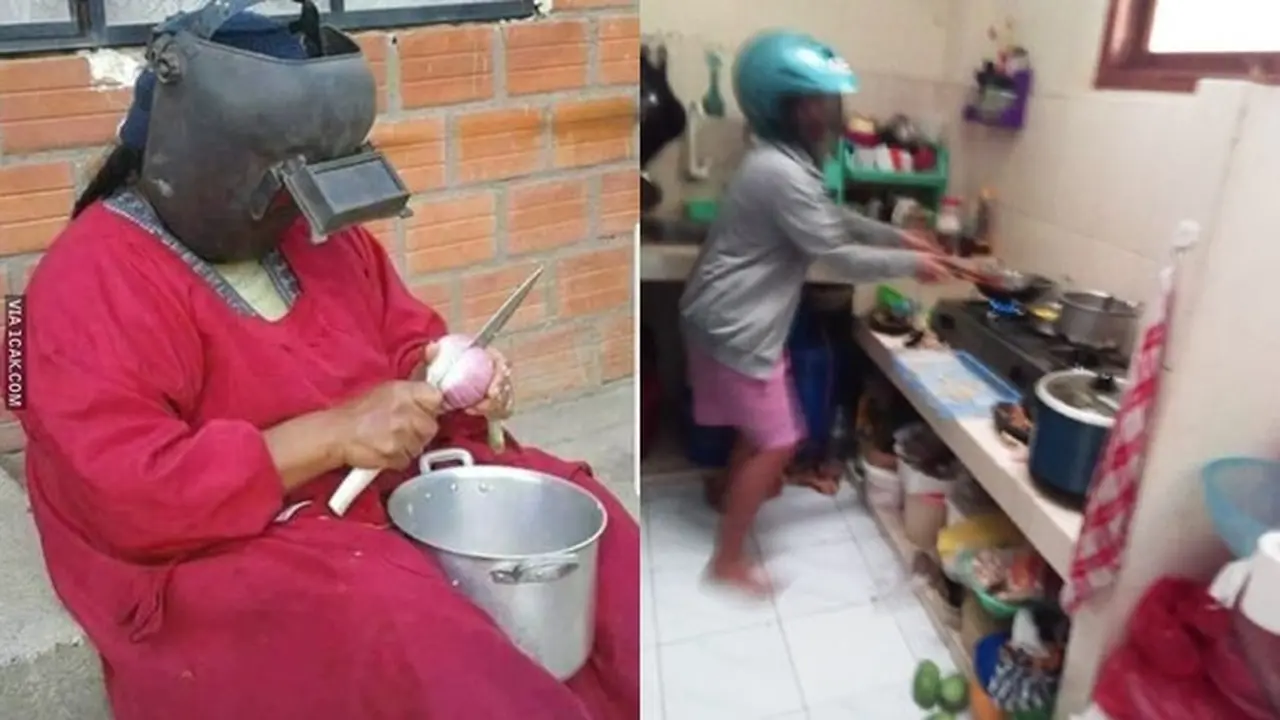 6 Potret Emak-Emak Pakai Helm saat Masak Ini Kocak