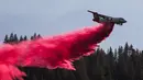  Sebuah pesawat pemadam kebakaran menyemprotkan sebuah cairan ke lokasi kebakaran hutan Nasional Sierra di California, AS, Jumat (21/8/2015). Kebakaran ini menciptakan kepulan asap hingga ketinggian ratusan meter ke angkasa. (REUTERS/Max Whittaker)
