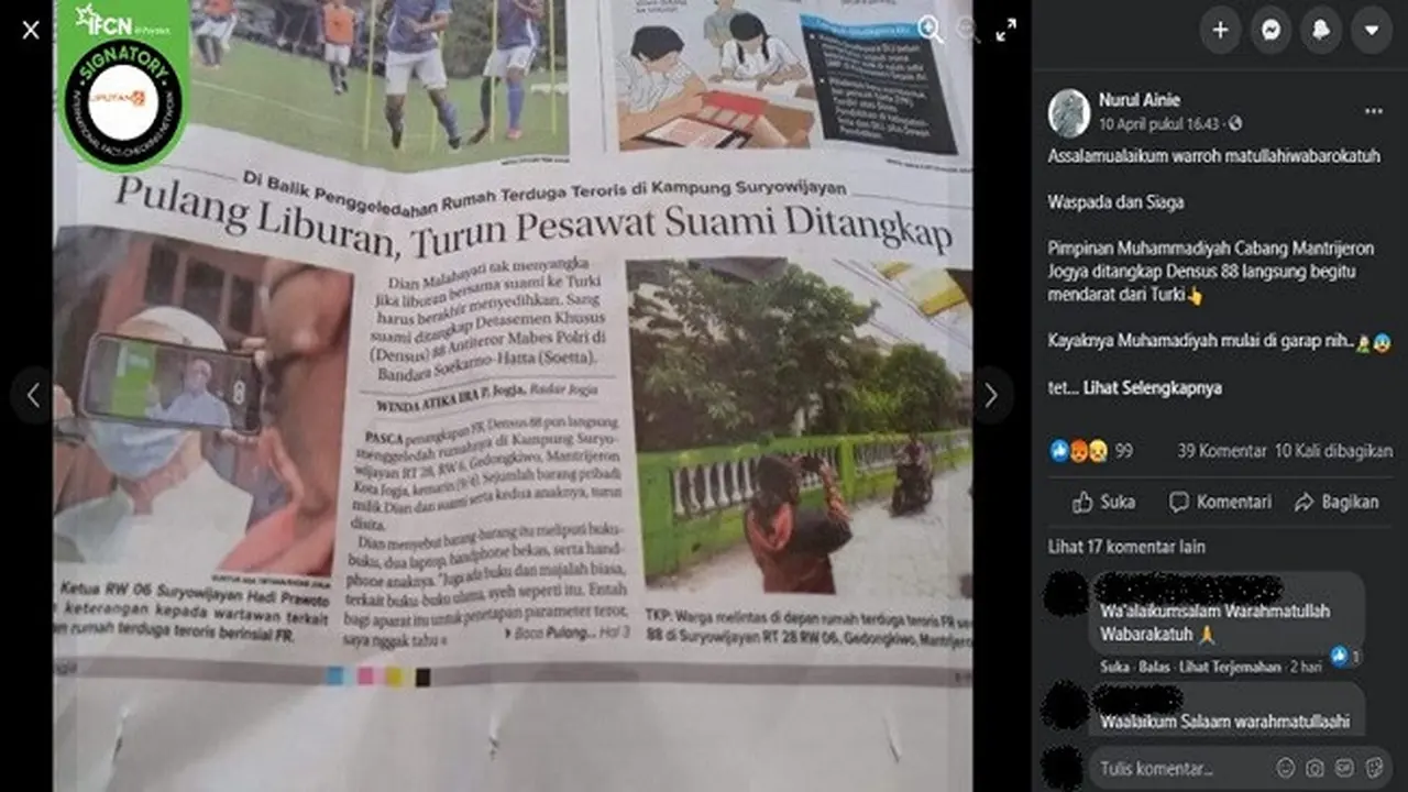Gambar Tangkapan Layar Kabar Pimpinan Muhammadiyah Cabang Mantrijeron Ditangkap Densus 88 (sumber: Facebook)