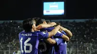 Timnas Argentina U-20 merayakan pesta gol ke gawang Selandia Baru U-20 pada matchday ketiga Piala Dunia U-20 2023 hari Sabtu (27/05/2023) dini hari WIB. (ANDRES LARROVERE / AFP)