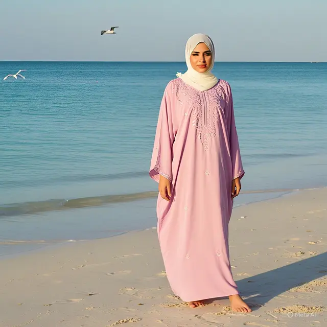 Kaftan Pink Pastel dengan Detail Bordir