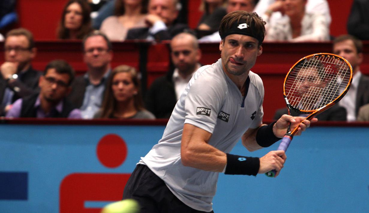 David Ferrer dipaksa bermain 3 set di final Erste Bank Open 2015 oleh lawannya, Steve Johnson, Miggu (25/10/2015). (Bola.com/Reza Khomaini)