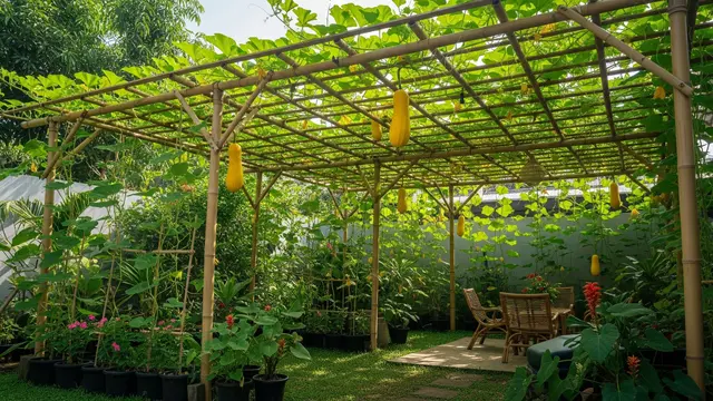 6 Inspirasi Kebun Labu Kuning Rambat di Kanopi Bambu untuk Peneduh Halaman