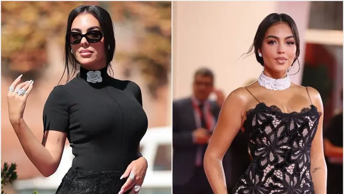 Gaya Georgina Rodriguez Pamer Cincin Tunangannya dengan Gaun Serba Hitam di Venice International Film Festival 2025