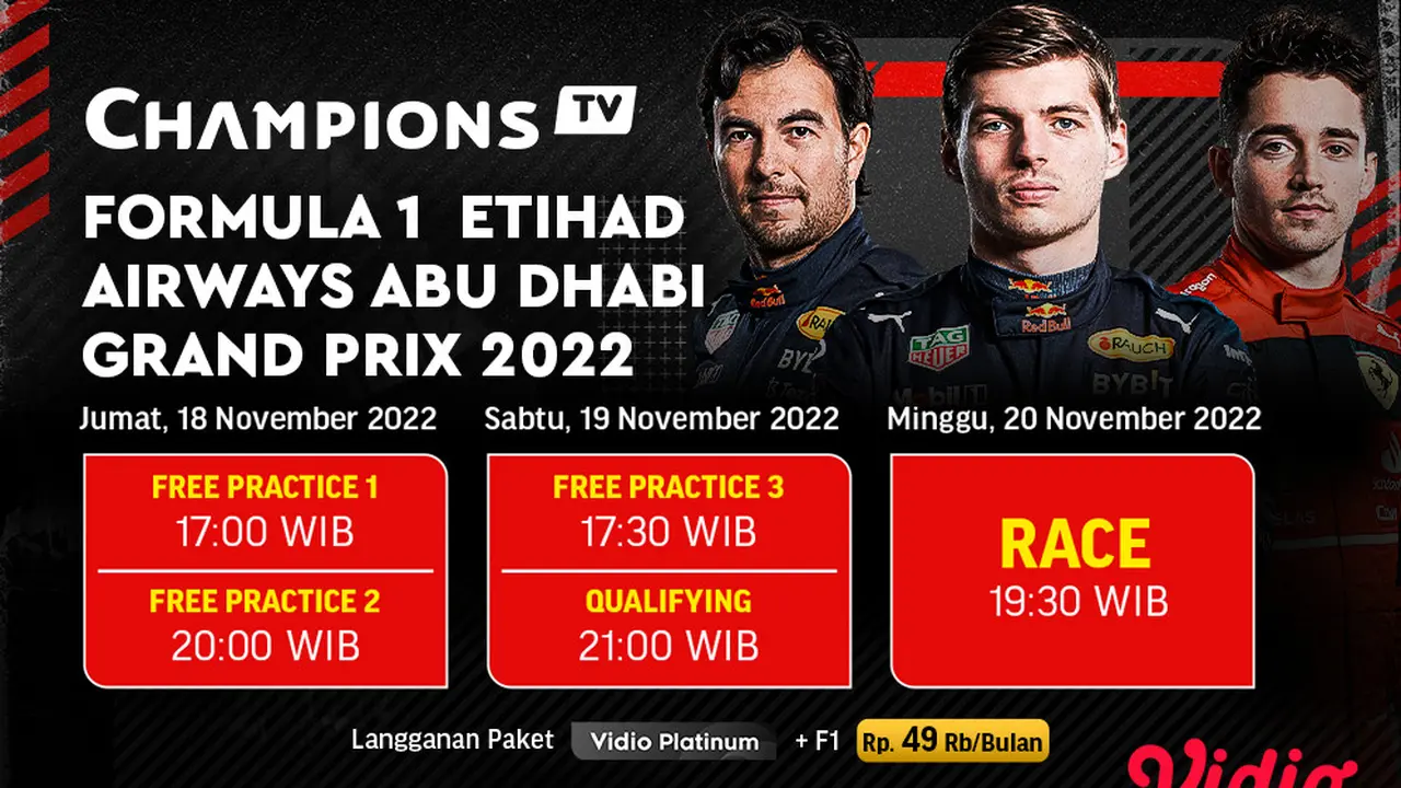 Jadwal dan Live Streaming F1 GP Abu Dhabi 2022 di Vidio, 18-20 November 2022