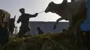 Hewan kurban saat baru tiba di pasar ternak di Karachi, Pakistan. (AFP/Asif Hassan)