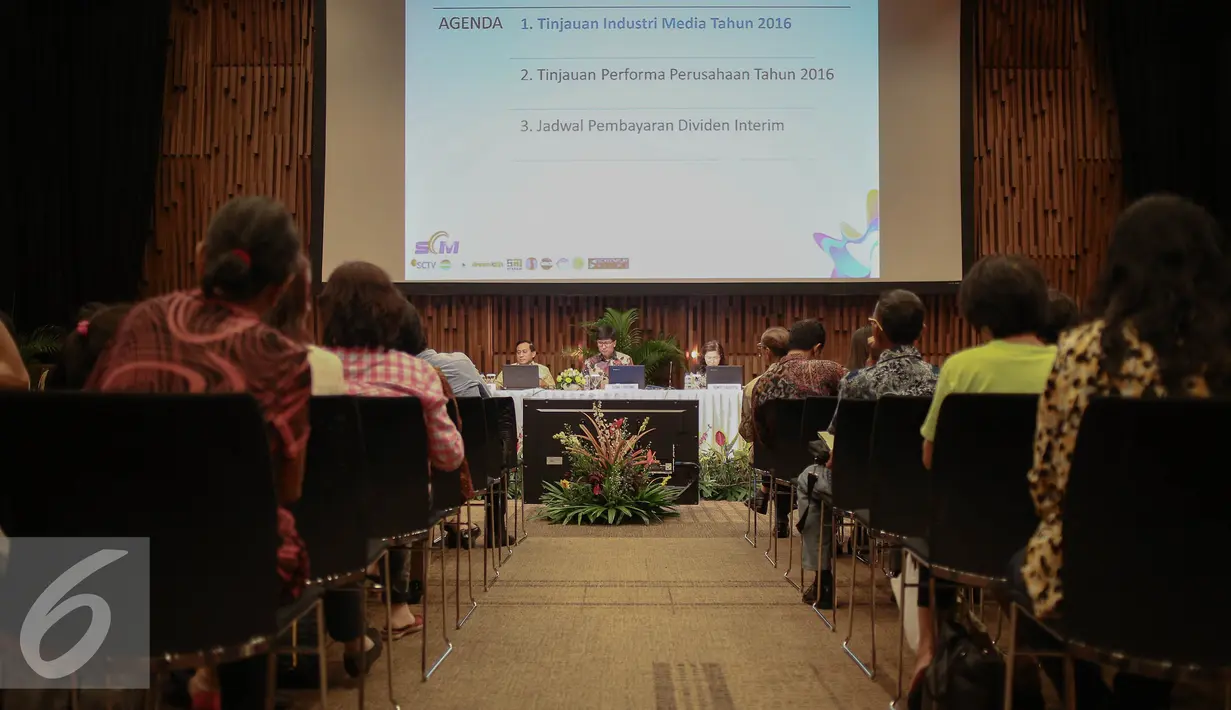 Paparan publik SCM tersebut beragendakan tinjauan industri media tahun 2016, tinjauan perfoma perusahaan tahun 2016, dan jadwal pembayaran dividen interim, Jakarta, Jumat (16/12/2016). (Liputan6.com/Faizal Fanani)