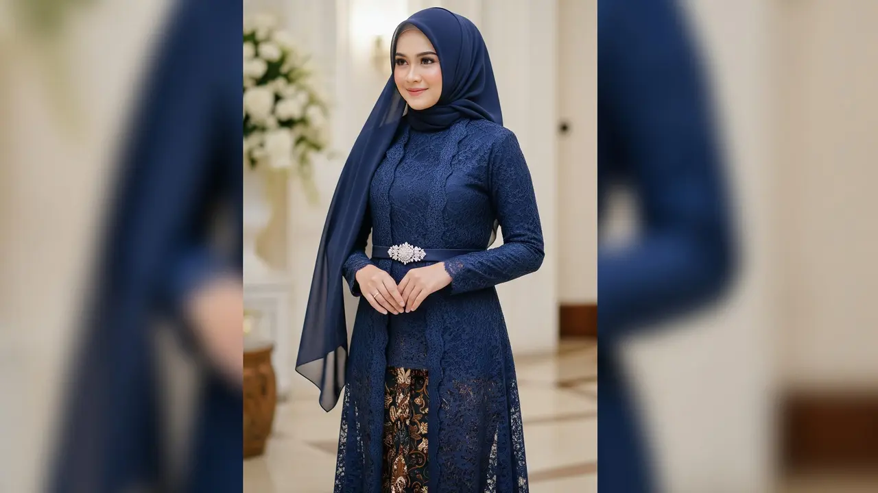 Model Gamis Kombinasi Outer Brokat dan Batik Warna Navy Elegan